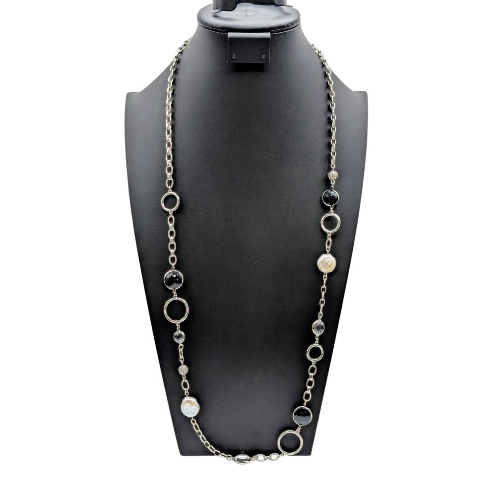 White House Black Market 34"-38" Silver Tone Pearl Crystal  Long Chain Necklace